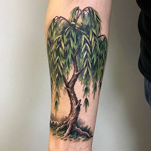 Photograph of a realistic tattoo on a person's forearm featuring a detailed weeping willow tree with green leaves and a gnarled brown trunk,