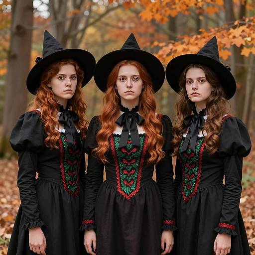 Victorian Witch Trio in Autumn Forest