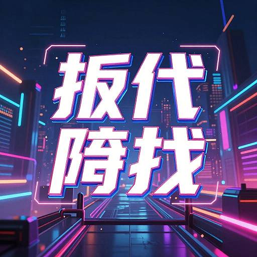 Neon-lit cyberpunk cityscape with glowing Japanese text in white and blue, set against a backdrop of colorful, illuminated skyscrapers and futuristic