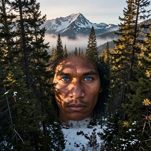 Photograph of a mountainous forest with a digitally inserted face of an Indigenous man with striking blue eyes, framed by tall pine trees and misty peaks