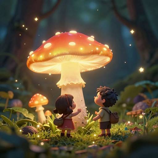 Whimsical digital illustration of a forest at night, featuring two child-like characters gazing at glowing, red-spotted mushrooms surrounded by twinkling fire