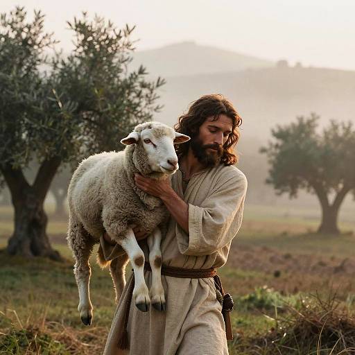 Jesus Carrying Sheep at Misty Dawn