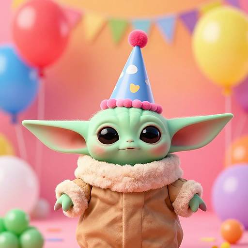 CGI image of a cute green goblin with large ears, wearing a blue party hat with a pink pom-pom, brown coat with fur collar