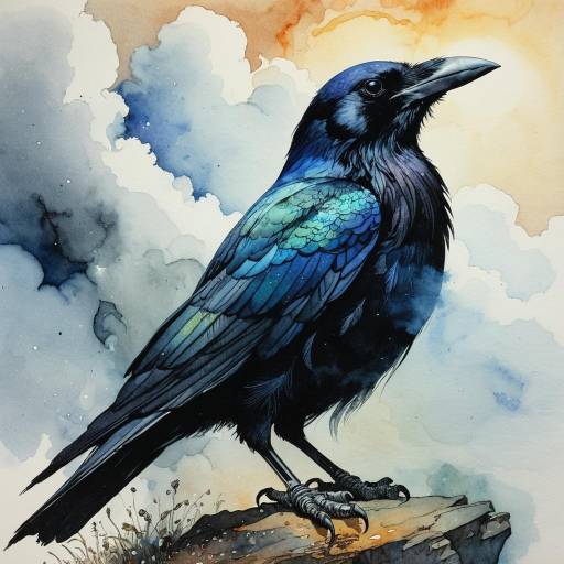 Iridescent Spectral Crow Watercolor