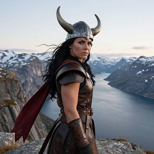 Photograph of a fierce, dark-haired woman in Viking armor with horns, standing on a rocky mountain overlook, overlooking a snowy, winding river valley.