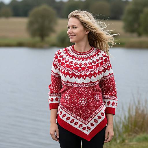 Photograph of a smiling blonde woman in a red and white Christmas sweater, standing by a calm lake with trees in the background.