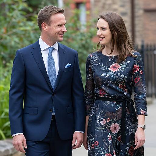 Photograph of a smiling couple; man in dark suit with blue tie, woman in black floral dress, walking outdoors with greenery and brick buildings in