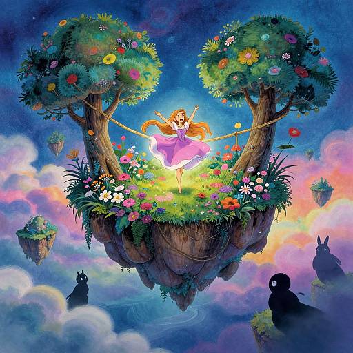 Whimsical digital illustration of a girl with long orange hair in a pink dress, dancing on a floating flower-filled island, surrounded by colorful trees and