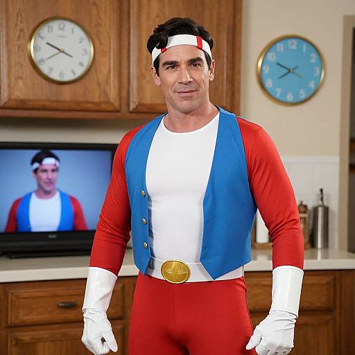 Photograph of a muscular man in a red, white, and blue superhero costume with white gloves, standing in a kitchen, TV behind showing same man