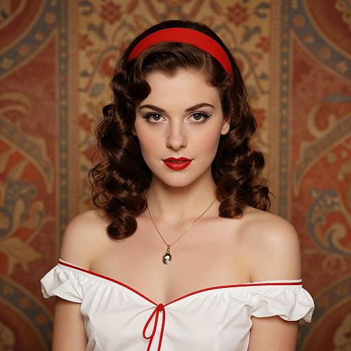 Vintage-style photograph of a fair-skinned woman with curly brown hair, red headband, red lipstick, white off-shoulder top, gold necklace