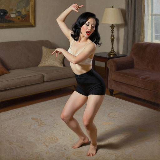 Photograph of a pale-skinned woman with black hair, red lipstick, wearing a white bra and black shorts, dancing in a living room with brown
