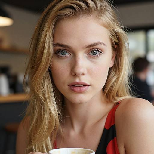 Photograph of a young, blonde, blue-eyed woman with fair skin, wearing a red and black sleeveless top, looking directly at the camera in