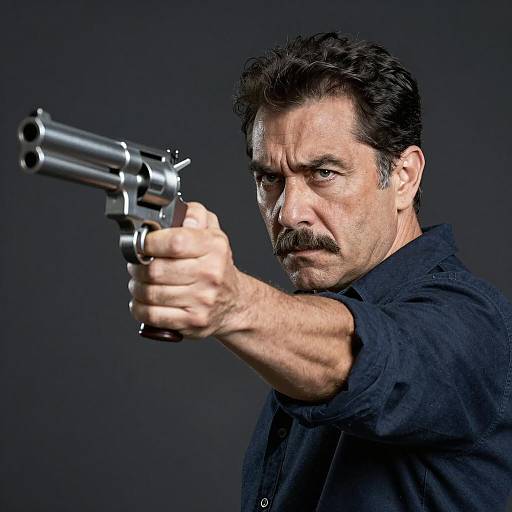 Determined Man with Revolver in Darkness