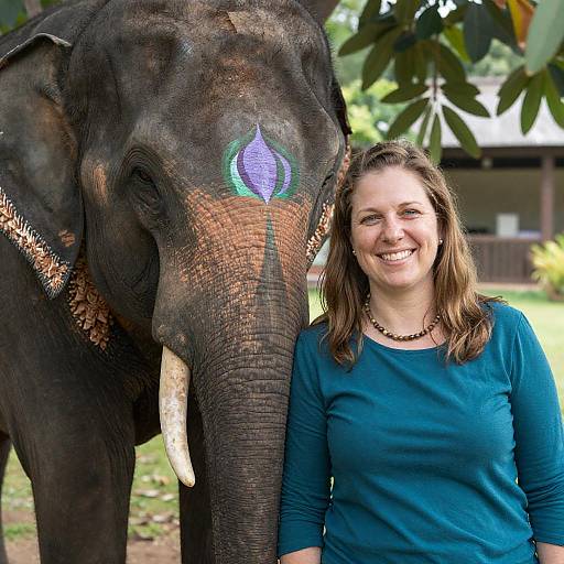 Smiling Woman Beside Colorful Elephant Tree