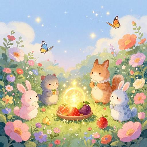 Cute digital illustration of three fluffy animals (gray bunny, brown squirrel, white-spotted bunny) gathering around a glowing campfire with strawberries, surrounded