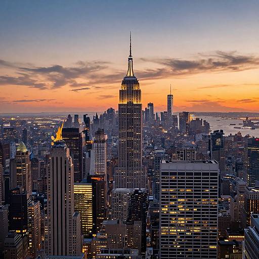Photograph of New York City skyline at sunset, featuring the illuminated Empire State Building centrally, surrounded by lit skyscrapers, with a vibrant orange and
