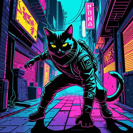 Dynamic Cyberpunk Ninja Cat Illustration