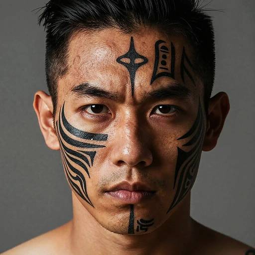 Tribal Tattooed Portrait with Cultural Symbols