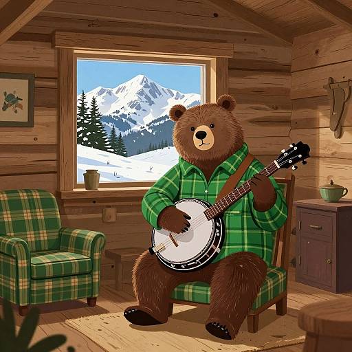 Bear Playing Banjo in Cozy Cabin
