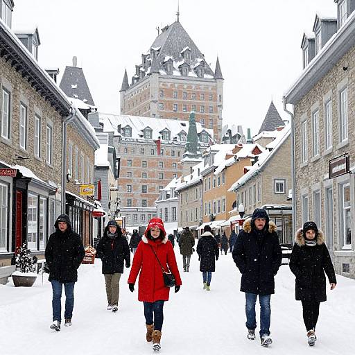 Photograph of a snowy urban street with pedestrians in winter clothing, including a red coat, walking past buildings with snow-covered roofs.