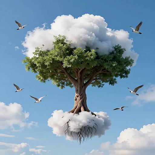 Fantastical digital artwork: tall tree with lush green leaves and visible roots floats in bright blue sky, surrounded by flying birds.