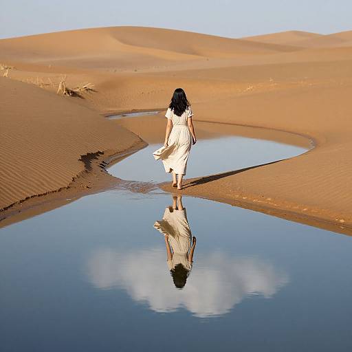 Photograph of a woman with dark hair in a white dress walking through a desert oasis, her reflection mirrored in the calm water surrounded by golden sand d