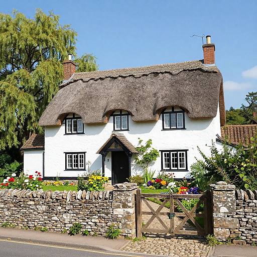 Photograph of a charming, white, thatched-roof cottage with black door, surrounded by colorful flower beds, stone wall, and wooden gate.