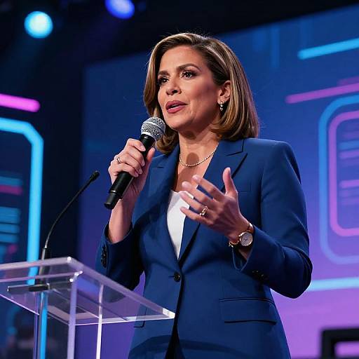 Photograph of a confident woman with shoulder-length brown hair, wearing a navy blue blazer and white blouse, speaking into a microphone on stage with colorful