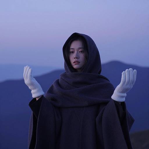 Woman in Hooded Cloak at Twilight