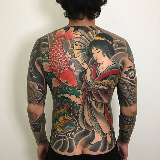 Photograph of a man with a detailed, colorful Japanese-style back tattoo featuring a large koi fish and geisha, set against a white background.