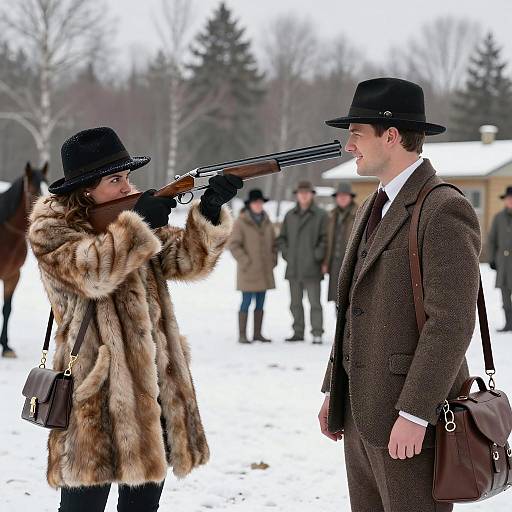 Woman Aiming Shotgun at Smiling Man in Snowy Outdoors