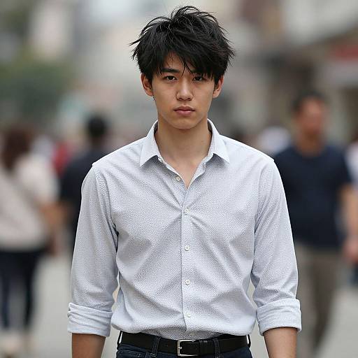 Photograph of a young Asian man with tousled black hair, wearing a white, button-up shirt with subtle polka dots, standing in a blurred