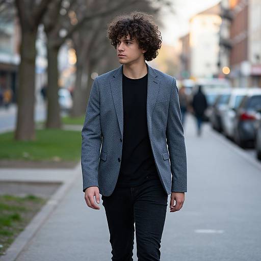 Photograph of a young man with curly brown hair, wearing a gray blazer, black t-shirt, and black pants, walking down a city street