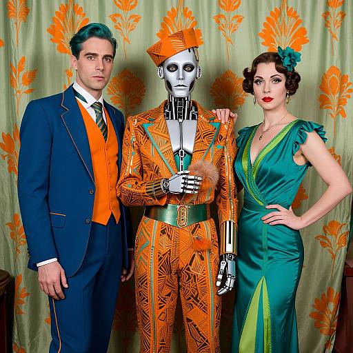 Photograph of a man in a navy suit, an orange-patterned robot in a matching outfit, and a woman in a green dress with orange floral