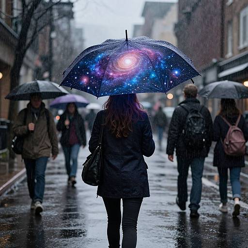 Photograph of a rainy city street, back view of a woman with long brown hair holding a galaxy-patterned umbrella, surrounded by other umbrella-wielding