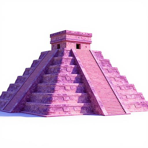 Photorealistic digital rendering of a pink-tinged, ancient Mesoamerican pyramid with steep, symmetrical stone stairs and a small, square,