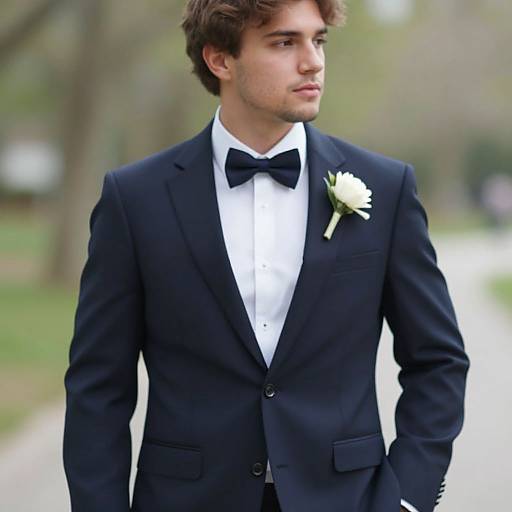 Photograph of a young man with light skin and brown hair, wearing a black suit, white shirt, black bow tie, and white rose bouton