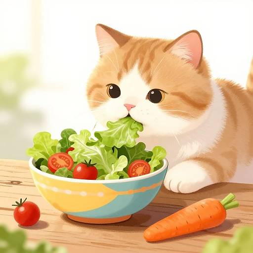 Fluffy Cat Eating Salad Illustration
