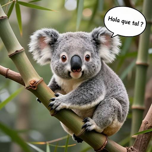 Photograph of a cute gray koala with fluffy ears and black nose, perched on a bamboo branch, asking 