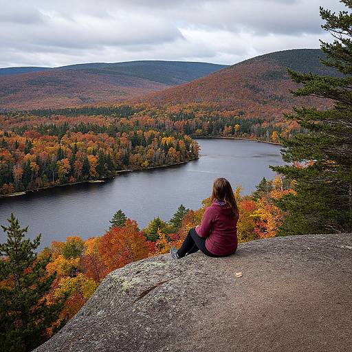 Photograph of a woman with brown hair in a maroon jacket, sitting on a rocky ledge, overlooking a serene lake surrounded by vibrant autumn-colored trees