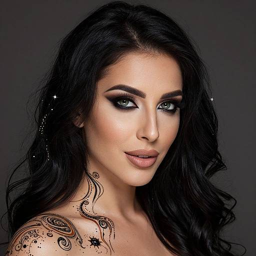 Photograph of a glamorous woman with dark, wavy hair, striking blue eyes, and intricate black henna tattoo on her shoulder. She wears bold