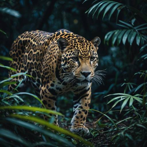 Jaguar stalking in dense jungle at twilight Jaguar stalking in dense jungle at twilight