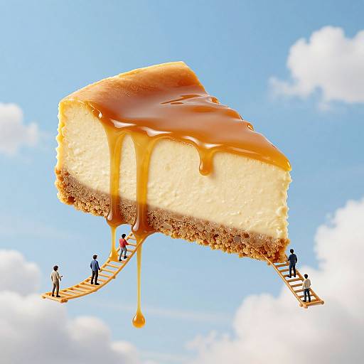 Digital illustration of a giant slice of cheesecake with caramel drizzle, people climbing ladders on both sides, against a blue sky with white clouds.
