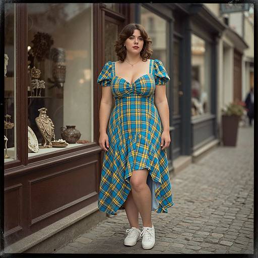 Photograph of a curvy woman with wavy brown hair in a blue and yellow plaid dress and white sneakers, standing on a cobblestone