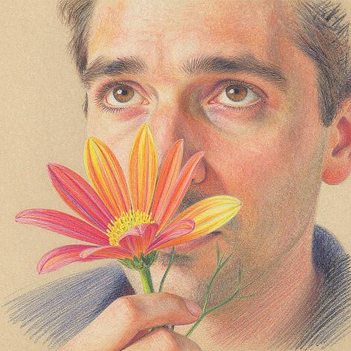 Color pencil portrait of a middle-aged man with brown eyes, holding a bright red and yellow daisy close to his face.