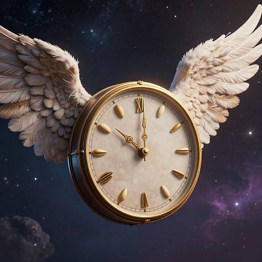 Surreal Winged Clock in Cosmic Sky