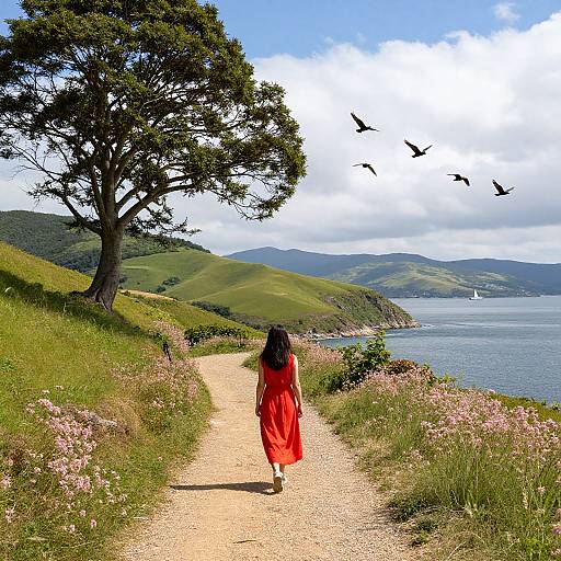 Photograph of a woman in a red dress walking a gravel path along a coastal cliff, with trees, birds, and ocean views.
