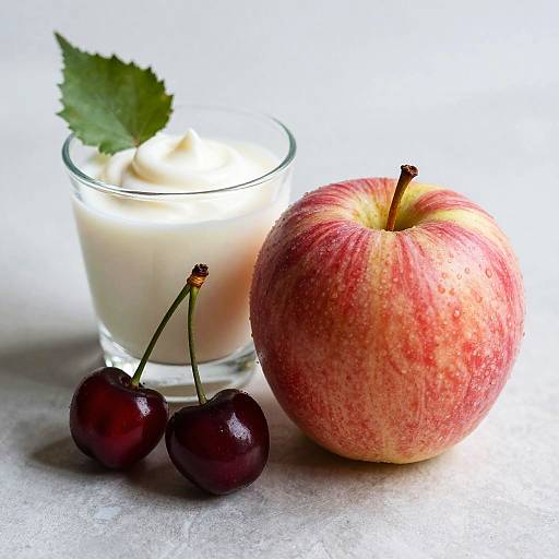 Photograph of a glass of creamy white yogurt with a green leaf, beside a red and yellow apple and two dark red cherries on a white surface