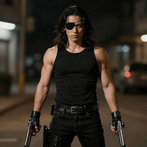 Muscular Man with Eyepatch Holding Dual Handguns