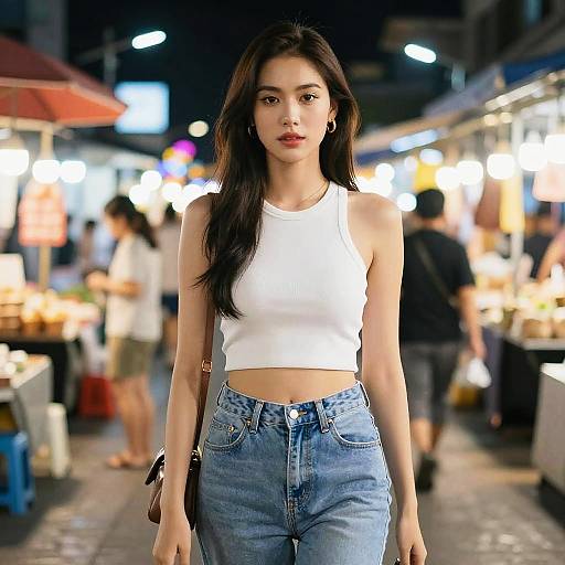 Photograph of an Asian woman with long black hair, wearing a white crop top and blue jeans, walking through a brightly lit, bustling night market.